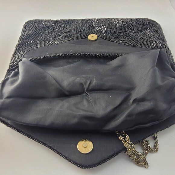 Vintage Delill Black Glass Bead Evening Bag Dress Purse Hand Beaded Snail Chain - Picture 7 of 11